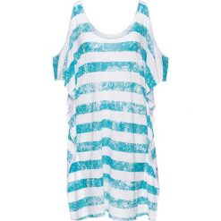 Shirt plażowy bonprix biało-turkusowy w paski. Białe koszulki damskie bonprix, na plażę, w paski, bez kołnierzyka, bez rękawów. Za 37,99 zł.