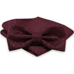 Ciemna Bordowa Mucha Męska -ALTIES- z Taką Samą Poszetką, Wzór Geometryczny MUALTS0595. Czerwone muszki męskie Alties, na imprezę, w paski, eleganckie. Za 40,00 zł.