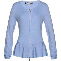 Sweter rozpinany z baskinką bonprix perłowy niebieski. Niebieskie swetry damskie bonprix, bez wzorów, bez rękawów, bez kaptura. Za 59,99 zł.