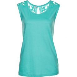 Top z koronką bonprix zielony oceaniczny. Zielone bluzki damskie bonprix, w koronkowe wzory, z koronki, bez kołnierzyka, bez rękawów. Za 64,99 zł.