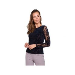 Bluzka dopasowana koronkowa K024. Niebieskie bluzki damskie Makover, s, w koronkowe wzory, z koronki, eleganckie, bez kołnierzyka, bez rękawów. Za 185,00 zł.