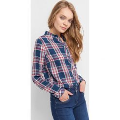 Koszula w kratę. Niebieskie koszule damskie Orsay, z aplikacjami, z wiskozy, eleganckie, bez kołnierzyka, z krótkim rękawem. W wyprzedaży za 55,00 zł.