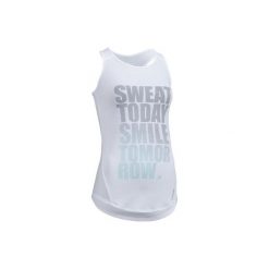 Top fitness cardio 120 damski. Białe topy damskie DOMYOS, bez wzorów, z elastanu, bez kołnierzyka. Za 24,99 zł.