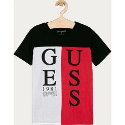 Guess Jeans - T-shirt dziecięcy 116-175 cm. Czarne t-shirty chłopięce Guess Jeans, z nadrukiem, z bawełny, bez rękawów. Za 119,90 zł.