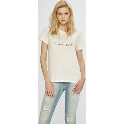 Pepe Jeans - Top Rita. Białe bluzki damskie marki Pepe Jeans, s, z nadrukiem, z bawełny, casualowe, z okrągłym kołnierzem, z krótkim rękawem. W wyprzedaży za 79,90 zł.