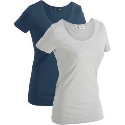 Długi shirt sportowy (2 szt.), krótki rękaw bonprix ciemnoniebiesko-jasnoszary melanż z nadrukiem. Niebieskie bluzki sportowe damskie bonprix, z nadrukiem, bez kołnierzyka, z długim rękawem, długie, bez kaptura. Za 49,98 zł.