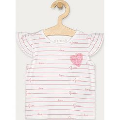 Guess Jeans - Top dziecięcy 92-122 cm. Białe bluzki dziewczęce Guess Jeans, z aplikacjami, z bawełny, z okrągłym kołnierzem, z krótkim rękawem, krótkie, bez kaptura. Za 99,90 zł.