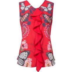 Desigual Bluzka damska Blus Ginebra Roja Roja 19SWBW91 3061 (rozmiar XS). Bluzki damskie Desigual, xs, bez wzorów, ze skóry, bez kołnierzyka, bez rękawów. W wyprzedaży za 135,00 zł.