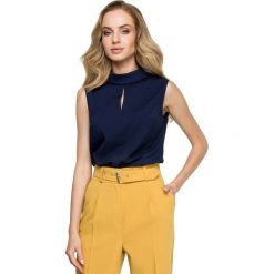 Granatowa Elegancka Bluzka bez Rękawów z Wywijaną Stójką. Niebieskie podkoszulki damskie Molly.pl, s, bez wzorów, eleganckie, ze stójką, bez rękawów. Za 99,90 zł.