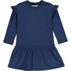 Sukienka dresowa w kolorze granatowym. Niebieskie sukienki niemowlęce lamino, z nadrukiem, z dresówki, bez rękawów, rozkloszowane. W wyprzedaży za 57,95 zł.
