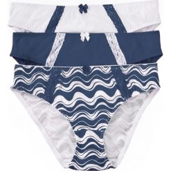 Figi (3 pary), bawełna organiczna bonprix drukowany + indygo + biały. Niebieskie majtki damskie bonprix, z aplikacjami, z bawełny. Za 59,97 zł.