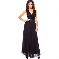 Czarna Elegancka Maxi Sukienka z Koronkową Górą. Czarne długie sukienki Molly.pl, xl, w koronkowe wzory, z koronki, eleganckie, z kopertowym dekoltem, bez rękawów, kopertowe. Za 349,90 zł.