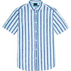 Koszula w paski z krótkim rękawem Regular Fit bonprix niebiesko-jasnozielono-biały w paski. Niebieskie koszule męskie bonprix, na lato, m, w paski, z bawełny, bez kołnierzyka, z krótkim rękawem. Za 89,99 zł.