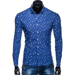 KOSZULA MĘSKA Z DŁUGIM RĘKAWEM K459 - GRANATOWA. Niebieskie koszule męskie Ombre Clothing, s, bez wzorów, z bawełny, bez kołnierzyka, z długim rękawem. Za 39,00 zł.