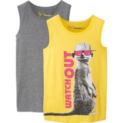 Koszulka bez rękawów (2 szt.) bonprix limonka z nadrukiem + szary melanż. Żółte t-shirty chłopięce bonprix, z nadrukiem, bez rękawów. Za 39,98 zł.