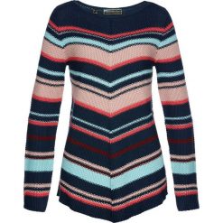 Sweter asymetryczny bonprix ciemnoniebiesko-kolorowy. Niebieskie swetry damskie bonprix, w paski, bez rękawów, bez kaptura. Za 59,99 zł.