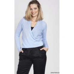 Kopertowy sweter - SWE152 błękit. Niebieskie swetry damskie Pakamera, bez wzorów, z długim rękawem, długie, bez kaptura. Za 147,00 zł.