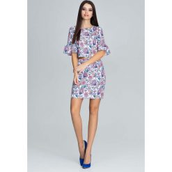 Wzorzysty Elegancki Komplet Bluzka ze Spódnicą - Wzór 83. Niebieskie bluzki wizytowe marki Molly.pl, l, biznesowe, z falbankami, z krótkim rękawem. Za 149,90 zł.