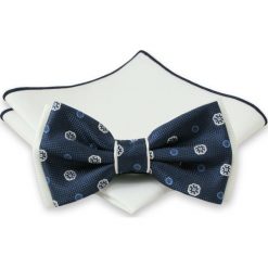 Granatowa Mucha + Biała Poszetka - Chattier, Męska MUCH0294. Niebieskie muszki męskie Chattier, na imprezę, w paski, eleganckie. Za 44,00 zł.