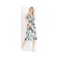 Sukienka we wzory ELEONOR-midi. Sukienki damskie Promod, bez wzorów, z tkaniny, bez kołnierzyka, bez rękawów, midi, kopertowe. Za 189,90 zł.