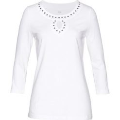 Shirt z ćwiekami bonprix biały. Białe koszulki damskie marki bonprix, bez wzorów, bez kołnierzyka, bez rękawów. Za 47,99 zł.
