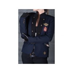 GRANATOWA KASZMIROWA STÓJKA Z CZARNYMI OBŁOŻENIAMI. Niebieskie marynarki damskie Skalny, z aplikacjami, z wiskozy. Za 1100,00 zł.