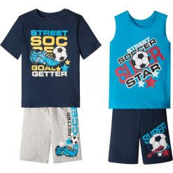 Koszulka chłopięca + koszulka bez rękawów + bermudy (4 części) bonprix ciemnoniebiesko-turkusowo-szary z nadrukiem. Niebieskie t-shirty chłopięce bonprix, z nadrukiem, z krótkim rękawem. Za 79,99 zł.