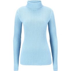 Sweter dzianinowy z golfem, z bawełny z recyklingu bonprix zielony wierzbowy. Niebieskie swetry damskie bonprix, bez wzorów, z bawełny, bez rękawów, bez kaptura. Za 54,99 zł.
