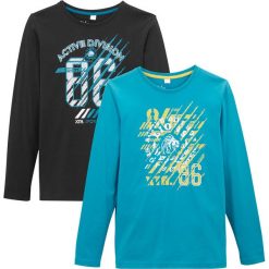 Shirt z długim rękawem (2 szt.) bonprix czarny + ciemnoturkusowy. Czarne t-shirty chłopięce bonprix, z nadrukiem, z dresówki, z długim rękawem. Za 45,98 zł.