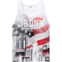 Koszulka bez rękawów Slim Fit bonprix biały z nadrukiem. Białe koszulki męskie bonprix, s, z nadrukiem, bez kołnierzyka, bez rękawów. Za 16,99 zł.
