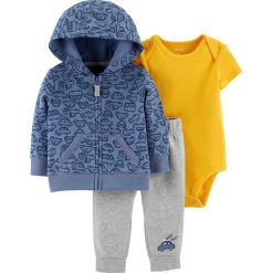 3-częściowy zestaw w kolorze niebiesko-szaro-żółtym. Szare bluzy niemowlęce Carter's, z nadrukiem, z bawełny, bez rękawów, bez kaptura. W wyprzedaży za 59,95 zł.