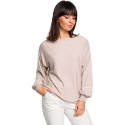 Beżowy Nietoperzowy Sweter z Bufiastym Rękawem z Lampasami. Brązowe swetry dziewczęce Molly.pl, bez wzorów, z dzianiny, eleganckie, bez kołnierzyka, bez rękawów, bez kaptura. Za 115,90 zł.