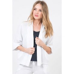 Lniany kardigan "Noemie" w kolorze białym. Białe kardigany damskie Jean-Louis Scherrer, s, bez wzorów, ze lnu, bez rękawów, bez kaptura. W wyprzedaży za 128,95 zł.