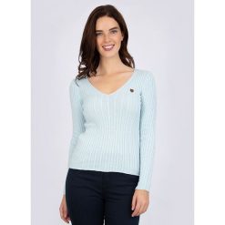 Sweter "Leg Hole" w kolorze błękitnym. Niebieskie swetry damskie Sir Raymond Taylor, l, z aplikacjami, z bawełny, bez rękawów, bez kaptura. W wyprzedaży za 129,95 zł.