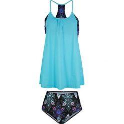 Długie tankini (2 części) bonprix turkusowy -czarny z nadrukiem. Niebieskie stroje kąpielowe damskie bonprix, z nadrukiem. Za 134,99 zł.