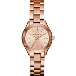 Zegarek kwarcowy "Mini Slim Runway" w kolorze różowozłotym. Żółte, analogowe zegarki damskie Michael Kors, ze stali. W wyprzedaży za 454,95 zł.
