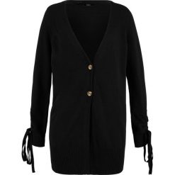 Sweter rozpinany z wiązaniem w dole rękawów bonprix czarny. Czarne swetry damskie bonprix, bez wzorów, bez rękawów, bez kaptura. Za 89,99 zł.