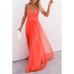 Sukienka OLEARA ORANGE. Pomarańczowe sukienki damskie IVET, bez wzorów, eleganckie, bez kołnierzyka, z długim rękawem, długie, maxi. W wyprzedaży za 149,00 zł.