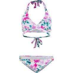 Bikini z ramiączkami wiązanymi na szyi (2 części) bonprix biało-różowy z nadrukiem. Różowe stroje kąpielowe damskie marki bonprix, w paski. Za 89,99 zł.