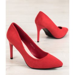 Stylowe czerwone szpilki. Czerwone szpilki GOGO, bez wzorów, z zamszu, eleganckie, bez obcasa, na szpilce, bez zapięcia. Za 89,00 zł.