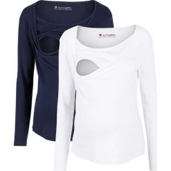 Shirt ciążowy i do karmienia, w prążek, długi rękaw (2 szt.) bonprix biały + ciemnoniebieski. Niebieskie koszulki damskie bonprix, bez wzorów, bez kołnierzyka, z długim rękawem. Za 99,98 zł.