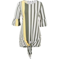 Shirt z przewiązaniem, krótki rękaw bonprix oliwkowo-biel wełny - jasnożółty w paski. Zielone koszulki damskie bonprix, w paski, z wełny, bez kołnierzyka. Za 79,99 zł.