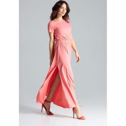 Sukienka maxi z rozcięciem różowa - xl. Różowe sukienki damskie e-margeritka.pl, xl, bez wzorów, z elastanu, eleganckie, bez kołnierzyka, z długim rękawem, długie, mini, dopasowane. Za 194,99 zł.