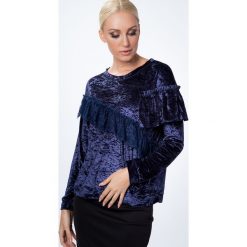 Bluzka z gniecionego weluru z falbanką granatowa MP28465. Niebieskie bluzki damskie Fasardi, s, bez wzorów, z weluru, z falbankami, bez rękawów. Za 44,00 zł.