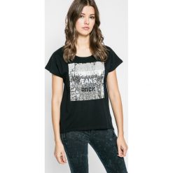 Trussardi Jeans - Top. Czarne bluzki damskie marki Trussardi Jeans, s, z aplikacjami, z bawełny, z okrągłym kołnierzem. W wyprzedaży za 239,90 zł.