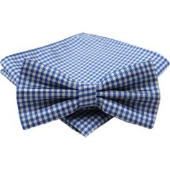Niebieska Mucha w Drobną Kratę - ALTIES - z Taką Samą Poszetką, Męska MUALTStania0023. Niebieskie muszki męskie Alties, na imprezę, w paski, eleganckie. W wyprzedaży za 29,00 zł.