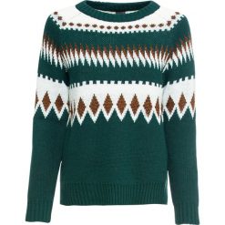 Sweter żakardowy z lureksową nitką bonprix niebieskozielono-biel wełny - złocisty. Niebieskie swetry damskie bonprix, bez wzorów, z wełny, bez rękawów, bez kaptura. Za 44,99 zł.