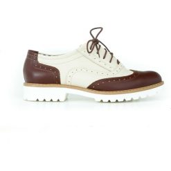 Dwukolorowe oksfordki - skóra naturalna - model 258 - kolor beżowo-brązowy. Pomarańczowe półbuty damskie Zapato, bez obcasa, bez zapięcia. W wyprzedaży za 269,10 zł.