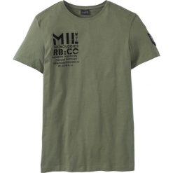 T-shirt Slim Fit bonprix oliwkowy. Zielone t-shirty męskie bonprix, s, z nadrukiem, z okrągłym kołnierzem. Za 34,99 zł.