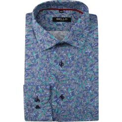 Niebiesko-Szara Koszula Wizytowa, Długi Rękaw -BELLO- Taliowana, Elegancka, w Zielone Kwiatki KSDWBELLOBS054. Żółte koszule męskie Bello, w kwiaty, z bawełny, eleganckie. Za 139,00 zł.